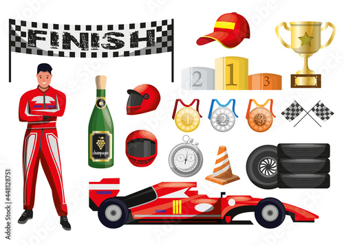 Motor race formula car driver champion and trophy award set. Reward medal, racing transport, podium with winning place number, tire and champagne vector illustration isolated on white background