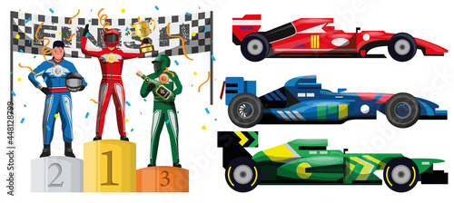 Formula car race driver champion reward ceremony event set. Winner award on pedestal for success in auto rally team competition with prize vector illustration isolated on white background