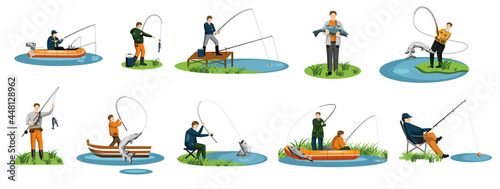People fishing hobby outdoors activity on nature set. Young adult fisherman with spinning rod on rover bank or floating in boat enjoy fishing vector illustration isolated on white background photo