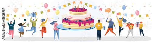 Happy people dancing around huge cake at birthday party. Man and woman character with gifts for invitation and festive party supplies, confetti celebrating, having fun vector illustration