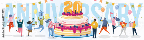 Anniversary celebration poster with cake and happy people. 20 year of company or human age congratulation placard with joyful colleague or guest group with gift vector illustration