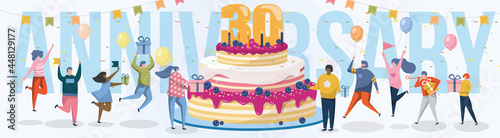 30 year birthday anniversary celebration poster with cake. Happy excited diverse people group with gift present and balloon congratulating and greeting birthday person vector illustration