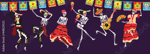 Skeleton celebrating mexican traditional party of death. Dia de muertos, day of dead, mexico festival holiday invitation poster design with spooky dancing skeletal human body band vector illustration