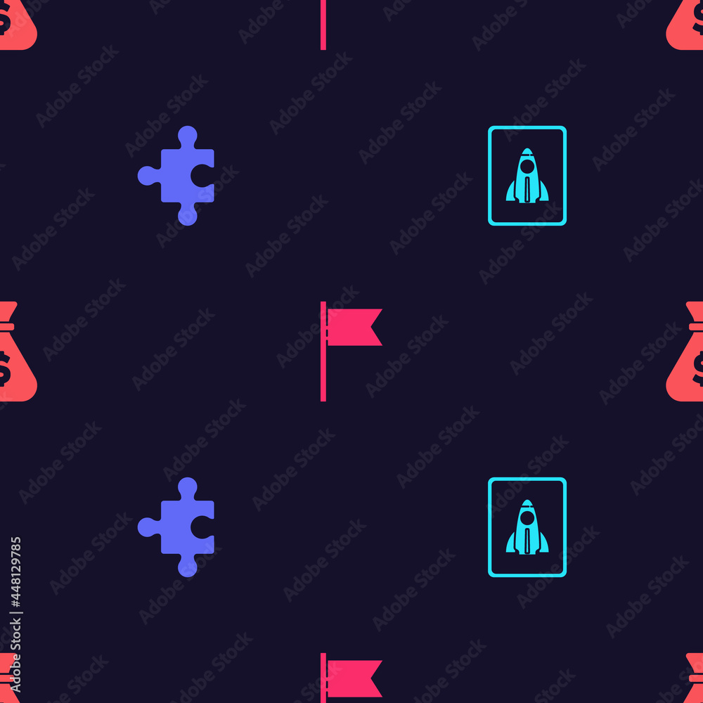 Fototapeta premium Set Startup project concept, Piece of puzzle, Location marker and Money bag on seamless pattern. Vector