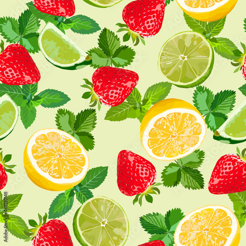 Strawberry, lemon, lime and mint leaves seamless pattern