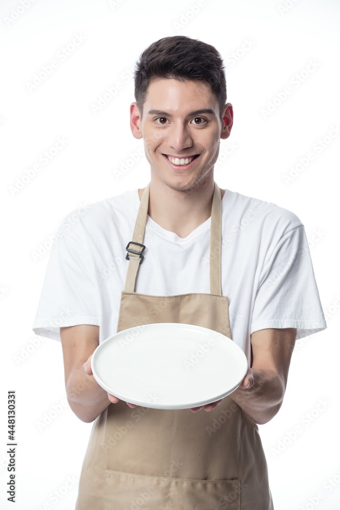 Chef Man Holding Empty Plate Smiling At Camera Standing Over White  Background. Studio Shot Stock Photo | Adobe Stock