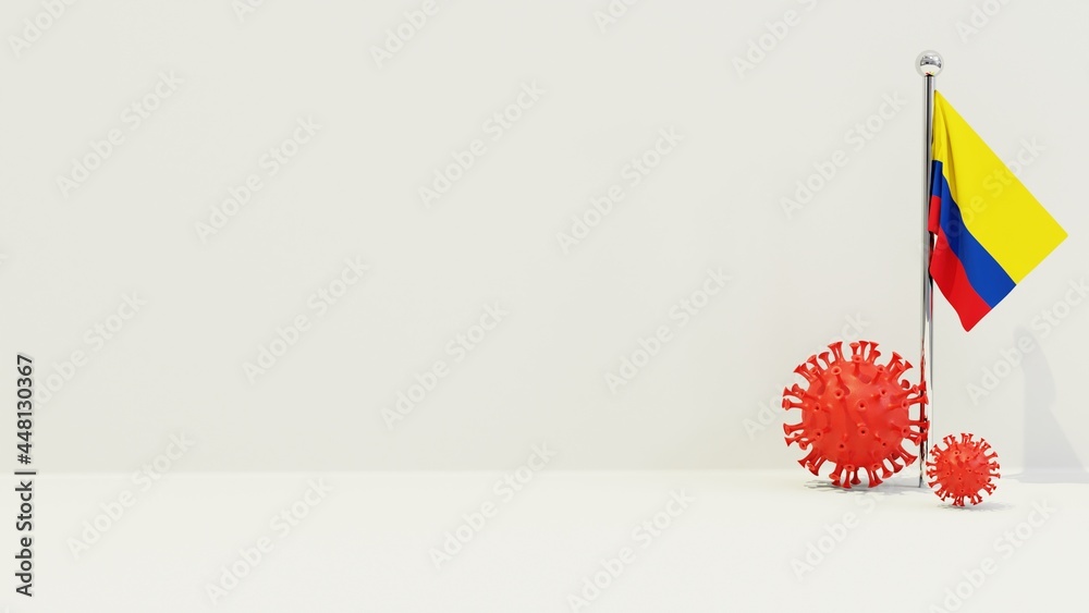 Obraz premium Colombia realistic flag illustration. Red 3D COVID-19 virus rendering in front of the flagpole.