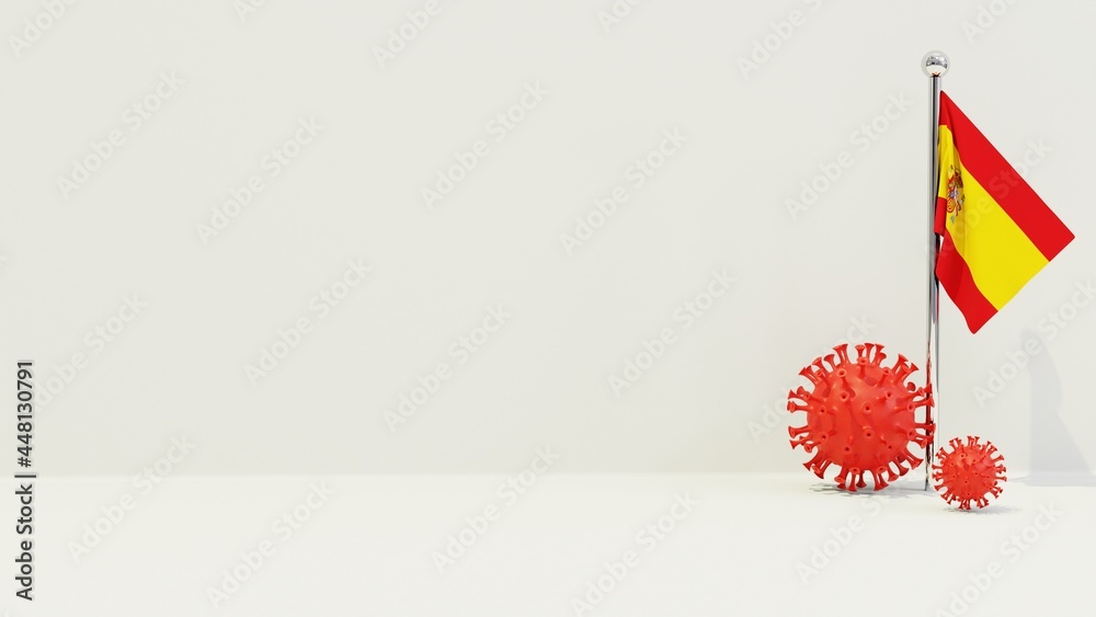 Obraz premium Spain realistic flag illustration. Red 3D COVID-19 virus rendering in front of the flagpole.