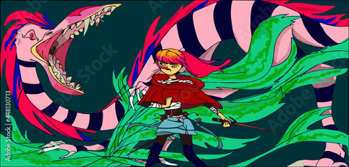 Fantasy vector illustration of a girl fighting a dragon. Girl with sword and dragon. Game illustration girl warrior fighting dragon