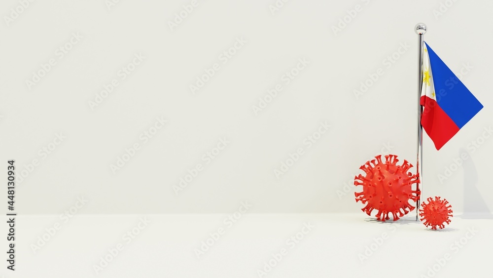 Obraz premium Philippines realistic flag illustration. Red 3D COVID-19 virus rendering in front of the flagpole.