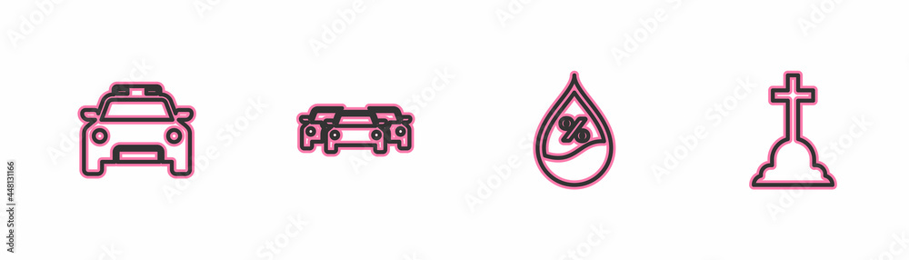 Set line Police car and flasher, Water drop percentage, Cars and Tombstone with cross icon. Vector
