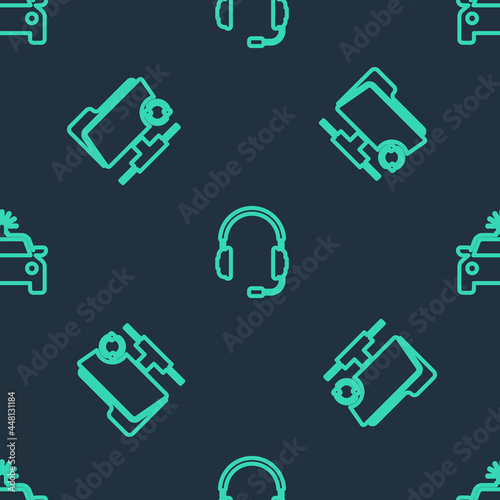 Set line Headphones with microphone, FTP sync refresh and Police car and flasher on seamless pattern. Vector
