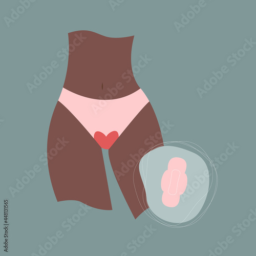 Female thighs with blood-stained panties and pad. Menstrual period concept.  Feminine hygiene and menstrual protection. Can be used for feminism or girl power topics
