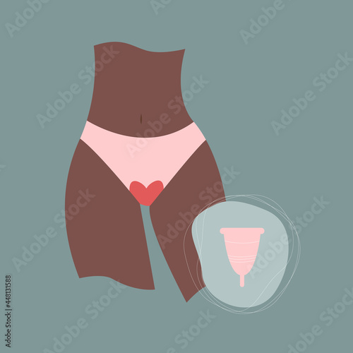 Female thighs with blood-stained panties and reusable cup. Menstrual period concept.  Feminine hygiene and menstrual protection. Can be used for feminism or girl power topics
