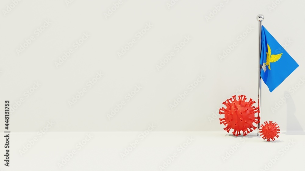 Obraz premium Friuli-Venezia Giulia realistic flag illustration. Red 3D COVID-19 virus rendering in front of the flagpole.