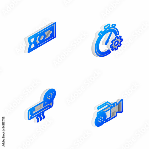 Set Isometric line Time management setting  Fast payments  Air conditioner and Video camera icon. Vector