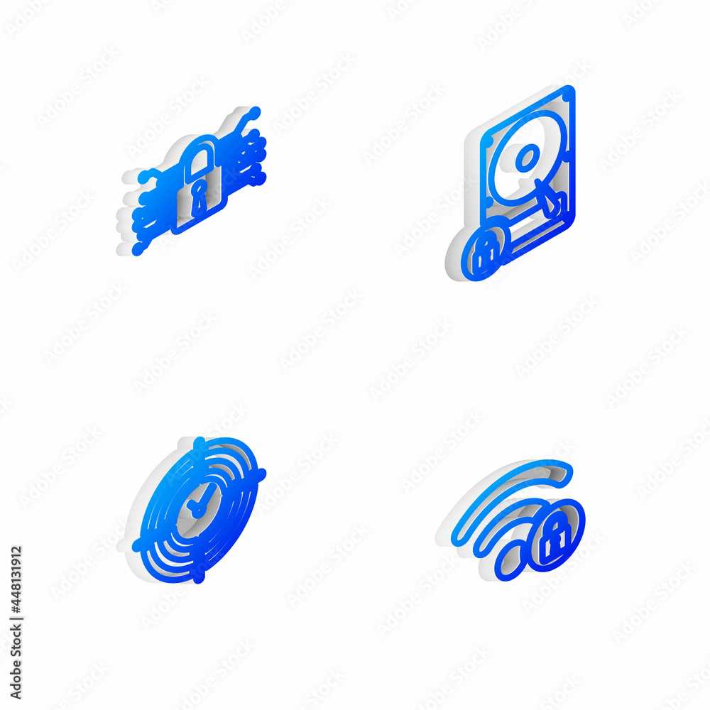 Set Isometric line Hard disk drive and lock, Cyber security, Time Management and Wifi locked icon. Vector Set Isometric line Hard disk drive and lock, Cyber security, Time Management and Wifi locked icon. Vector