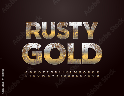 Vector Rusty Gold Alphabet set. Aged metallic Font. Old style Letters and Numbers