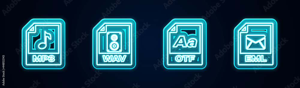Set line MP3 file document, WAV, OTF and EML. Glowing neon icon. Vector
