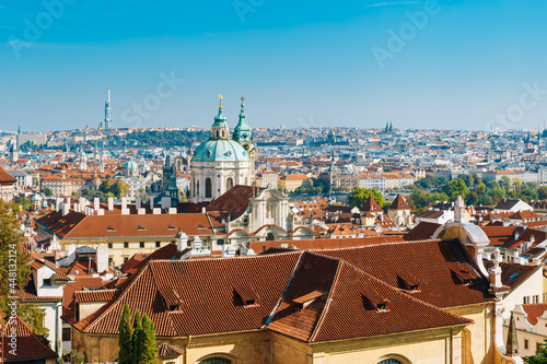 Aerial view of cityscape and St. Nicholas Church in Prague, Czech Republic