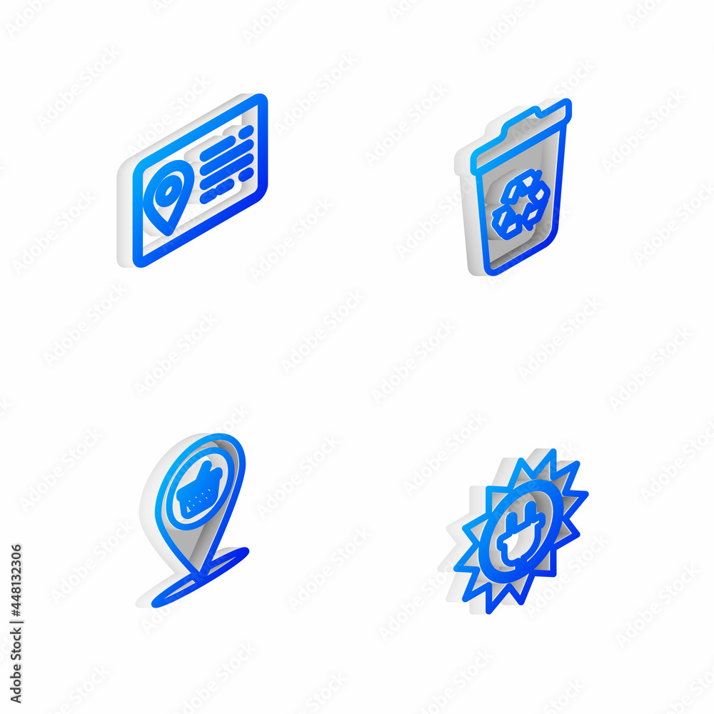 Set Isometric line Recycle bin with recycle, Address book, Location shopping basket and Solar energy panel icon. Vector
