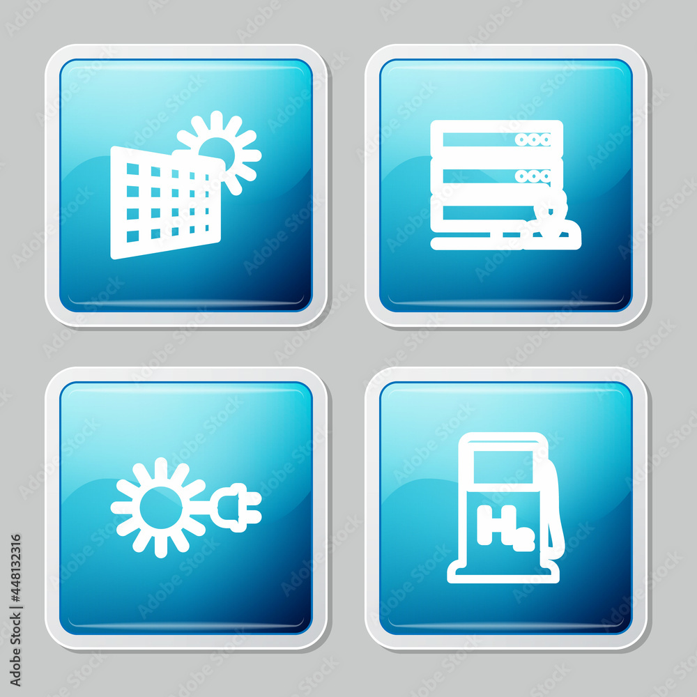 Set line Solar energy panel and sun, Customer care server, Sun with electric plug and Hydrogen filling station icon. Vector Set line Solar energy panel and sun, Customer care server, Sun with electric plug and Hydrogen filling station icon. Vector
