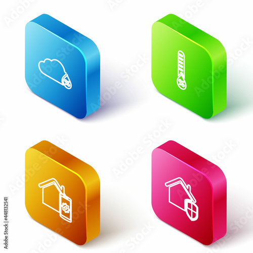 Set Isometric line Humidity, , Smart home remote control system and House under protection icon. Vector