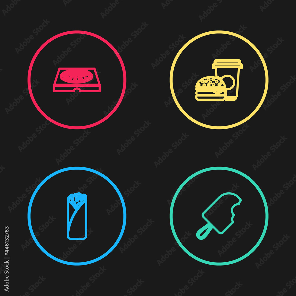 Set line Burrito, Ice cream, Coffee and burger and Pizza in cardboard box icon. Vector