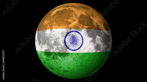 Moon with the flag of India painted on its surface. Space race concept. Man on the moon. 3D illustration
