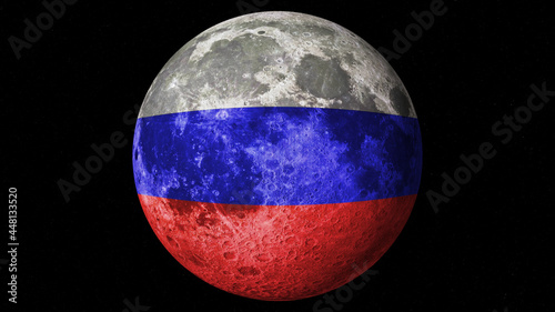 Moon with the flag of Russia painted on its surface. Space race concept. Man on the moon. 3D illustration photo