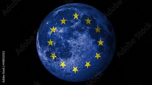 Moon with the flag of the European Union painted on its surface. Space race concept. Man on the moon. 3D illustration.