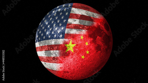 Moon with the USA and China flag painted on its surface. Usa vs China. Space race concept. Man on the moon. 3D illustration