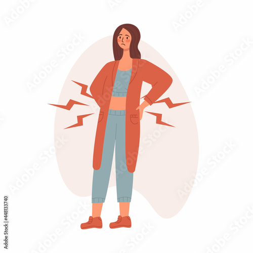 Young woman having a back pain and suffering for this. Vector illustratin in trendy live flat style. Healthcare, pain, sickness, disease concept, isolated on a white background