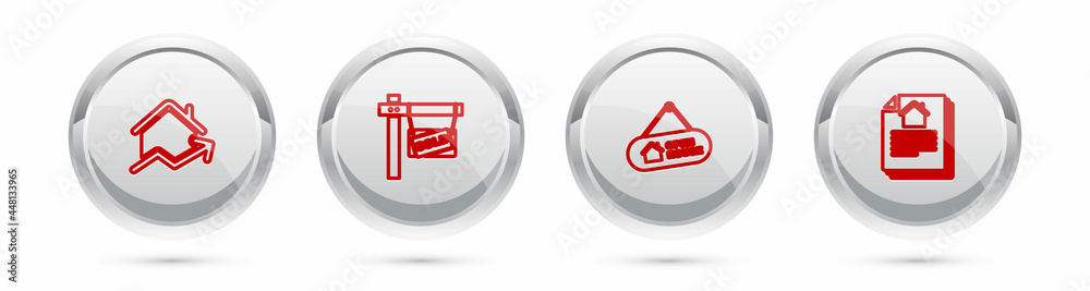 Set line Rising cost of housing, Hanging sign with Sold, Open house and House contract. Silver circle button. Vector Set line Rising cost of housing, Hanging sign with Sold, Open house and House contract. Silver circle button. Vector