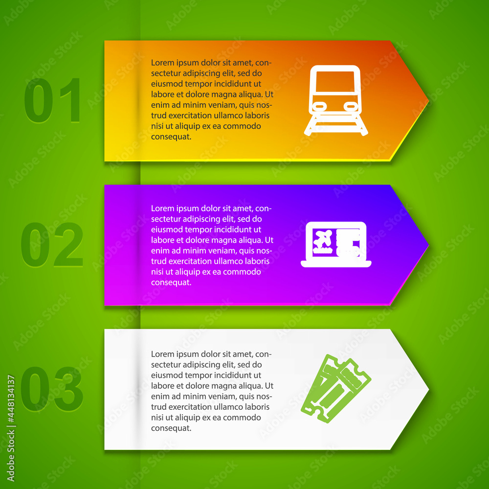 Fototapeta premium Set line Train, Laptop with ticket, Ticket and . Business infographic template. Vector