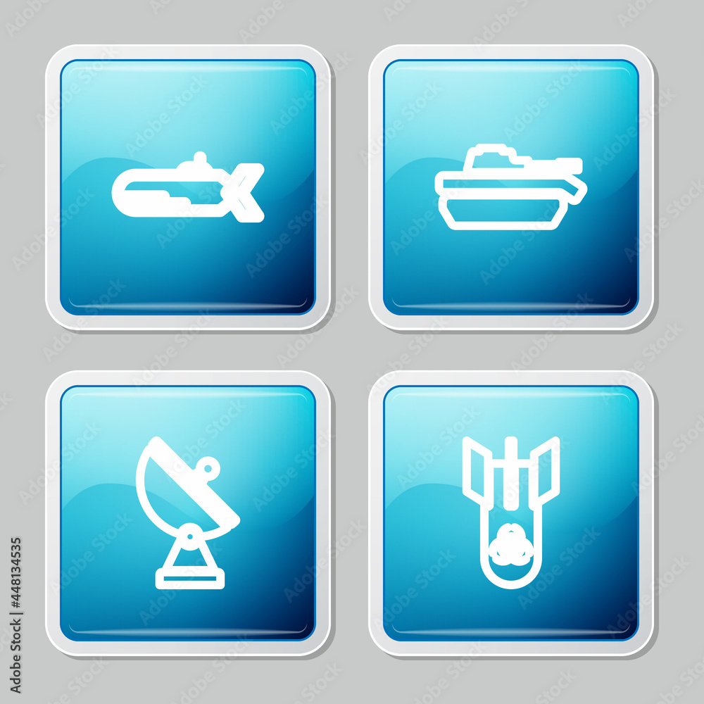 Set line Submarine, Military tank, Radar and Biohazard bomb icon. Vector Set line Submarine, Military tank, Radar and Biohazard bomb icon. Vector