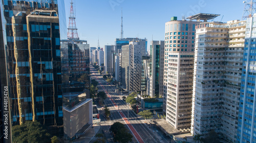 Aerial view of Av. Paulista in S  o Paulo  SP. Main avenue of the capital. Sunday day  without cars  with people walking on the street