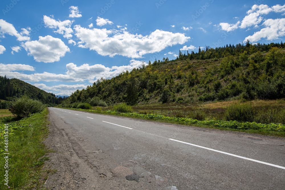 Empty Asphalt Road Highway Forested Mountains Surface Cloudy Sky