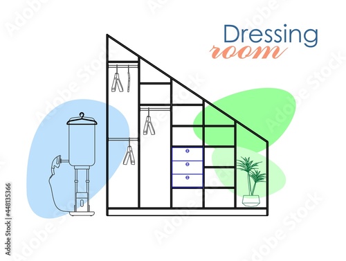 Dressing room, wardrobe room with vertical steamer and rack. Graphic illustration. Drawing.