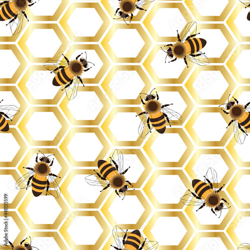 Seamless pattern, vector. Golden honeycomb with honeybees on a white background.
