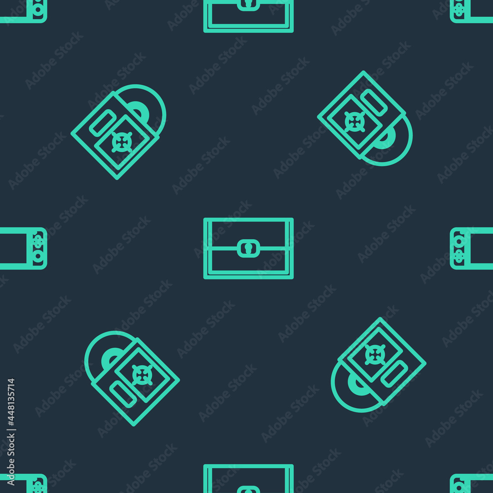 Set line Chest for game, CD DVD disk in box and Portable video console on seamless pattern. Vector Set line Chest for game, CD DVD disk in box and Portable video console on seamless pattern. Vector