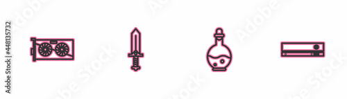 Set line Video graphic card, Bottle with magic elixir, Sword for game and console icon. Vector