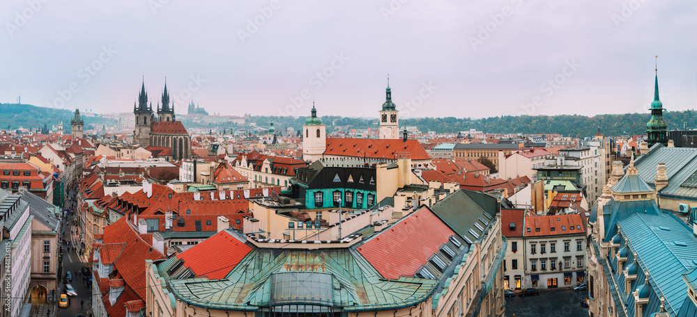 Panorama of Prague, Czech Republic. Famous town hall, Church Of Our Lady Before Tyn, St. Vitus Cathedral.