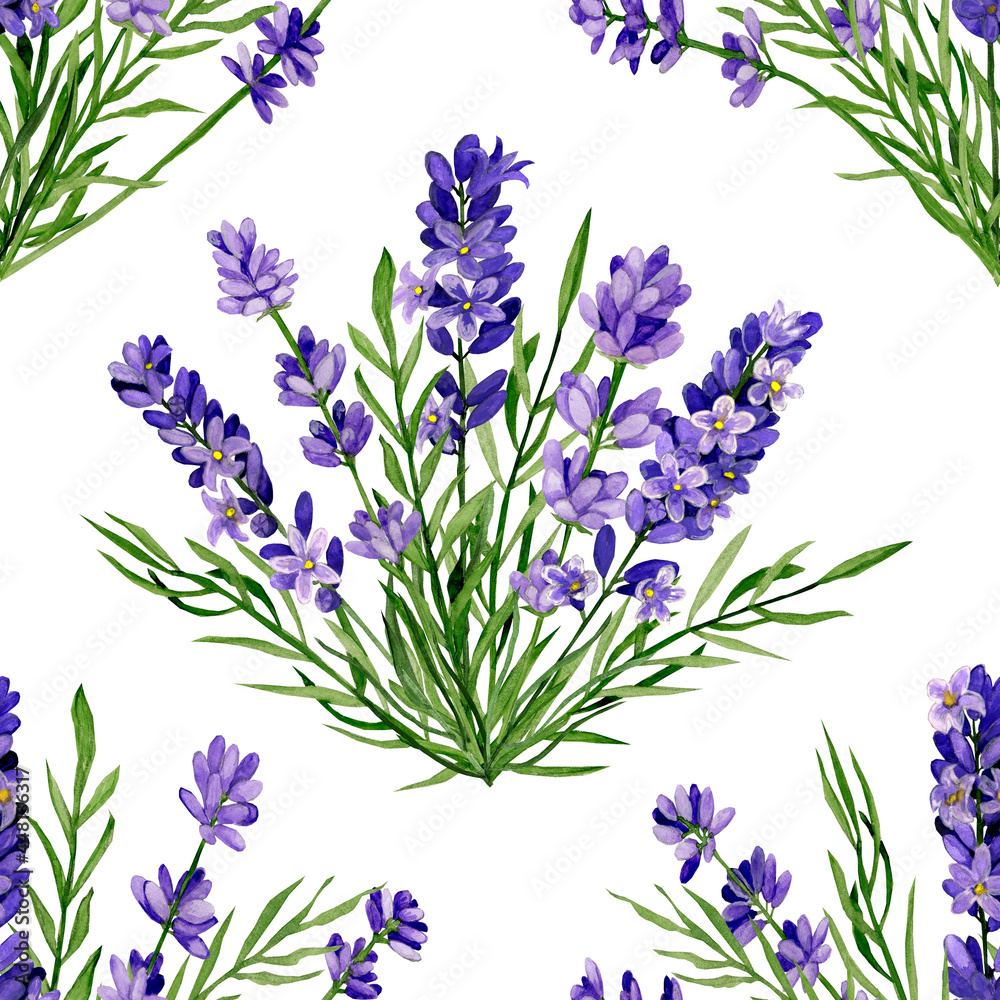 Naklejka premium Seamless floral pattern. Watercolour hand drawn lavender on a white background.