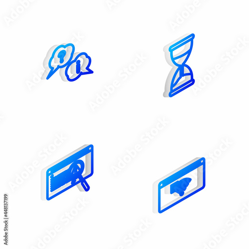 Set Isometric line Hourglass, Question and Exclamation, System bug concept and No Internet connection icon. Vector