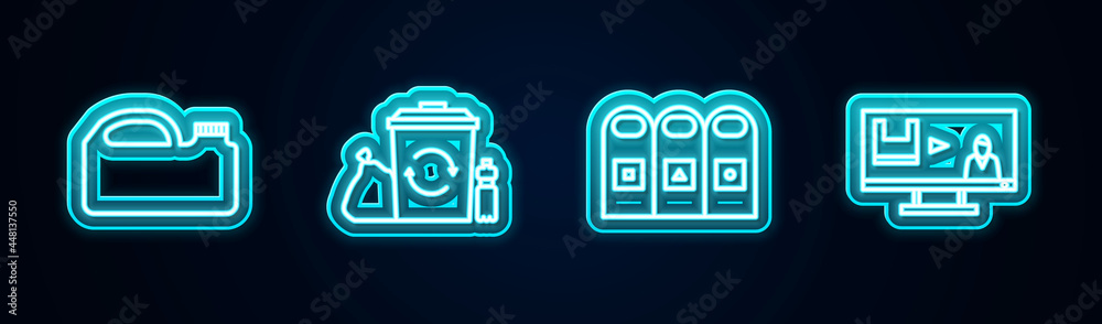 Set line Canister for machine oil, Recycle bin with recycle, Trash garbage cans sorted and Stop plastic pollution. Glowing neon icon. Vector Set line Canister for machine oil, Recycle bin with recycle, Trash garbage cans sorted and Stop plastic pollution. Glowing neon icon. Vector