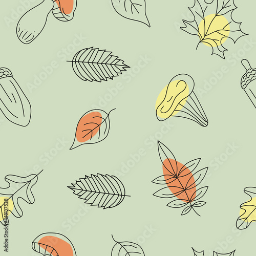 Autumn pattern with mushrooms and leaves. Vector seamless background.