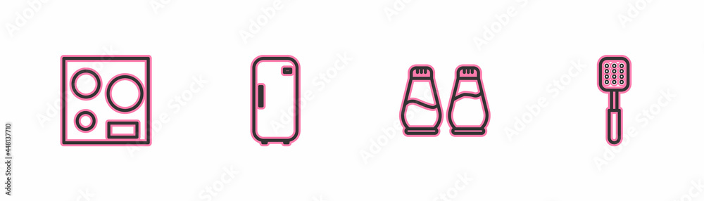 Set line Electric stove, Salt and pepper, Refrigerator and Spatula icon. Vector Set line Electric stove, Salt and pepper, Refrigerator and Spatula icon. Vector