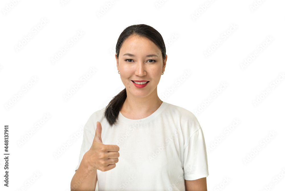 a young attractive Asian woman smiles and shows a thumbs up, a like sign on a white isolated background. beautiful girl shows a super good rating a young attractive Asian woman smiles and shows a thumbs up, a like sign on a white isolated background. beautiful girl shows a super good rating