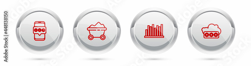 Set line Mobile and password, Coal mine trolley, Pie chart infographic and Password protection. Silver circle button. Vector